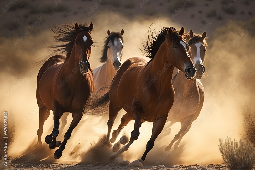 Wild Horses Running in the field between dust. Heard of brown horses