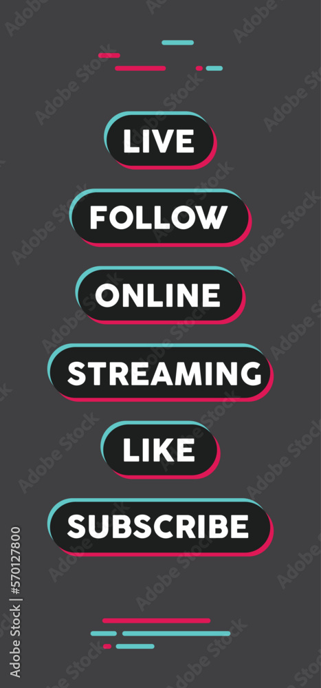 Social media call to action buttons. Streaming live online, follow, like and subscribe. Click here.