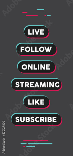 Social media call to action buttons. Streaming live online, follow, like and subscribe. Click here.