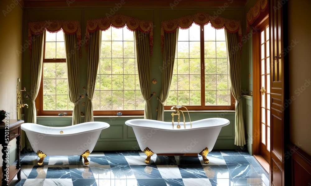 Luxury bathroom with tall windows and a clawfoot bathtub or bathtubs, ai generated Luxury bathroom with tall windows and a clawfoot bathtub or bathtubs, ai generated