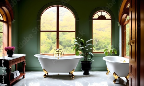 Luxury bathroom with tall windows and clawfoot bathtubs  ai generated