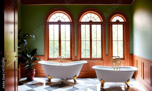 Luxury bathroom with tall windows and clawfoot bathtubs, ai generated