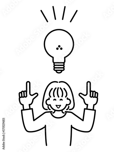 頭上に電球が光る良いアイデアがひらめく女性のイラスト　線画のみ