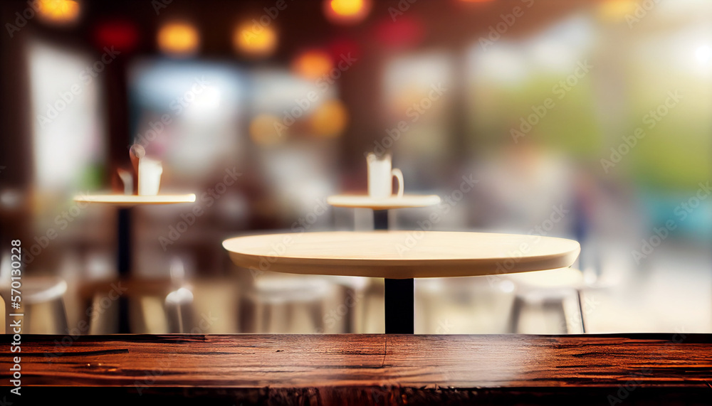 wooden table in front of abstract blurred background of resturant lights wooden table in front of abstract blurred background of resturant lights