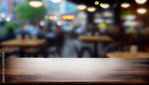 wooden table in front of abstract blurred background of resturant lights © The Creative Company