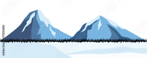 Flat panoramic cartoon of winter, snow, forest and mountains on horizon background