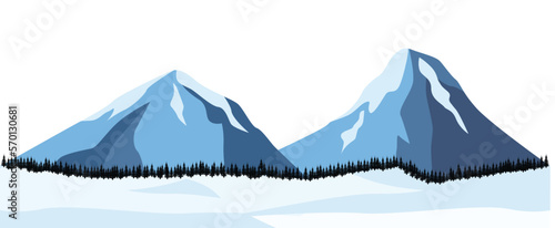 Flat panoramic cartoon of iceberg  snow and mountains on horizon background