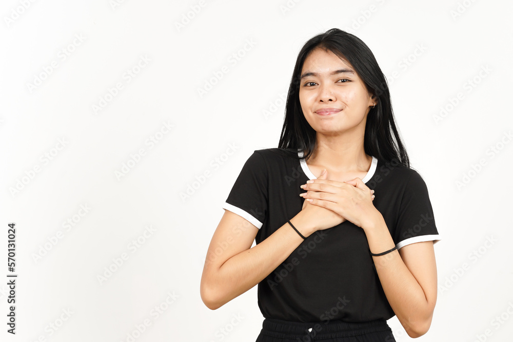 Smiling with Hands on Chest Grateful Gesture of Beautiful Asian Woman Isolated On White Background Smiling with Hands on Chest Grateful Gesture of Beautiful Asian Woman Isolated On White Background