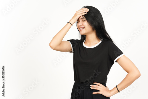 Smiling and Forget something gesture of Beautiful Asian Woman Isolated On White Background