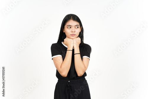 Serious Face and Angry hand on chin of Beautiful Asian Woman Isolated On White Background © Sino Images Studio