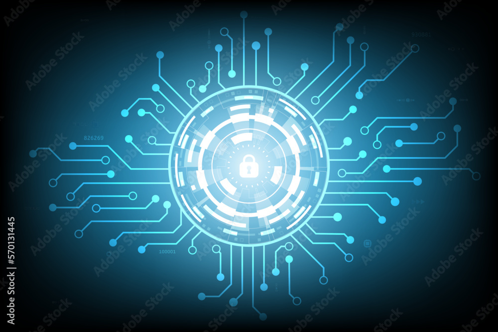 Obraz premium Vector circuit board cyber security with the lock on dark blue vintage screen for technology background
