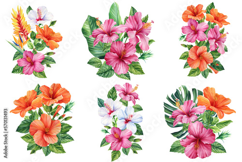 Fototapeta Naklejka Na Ścianę i Meble -  Palm leaves and tropical flowers Watercolor illustration. Bouquet with leaf and hibiscus isolated background.