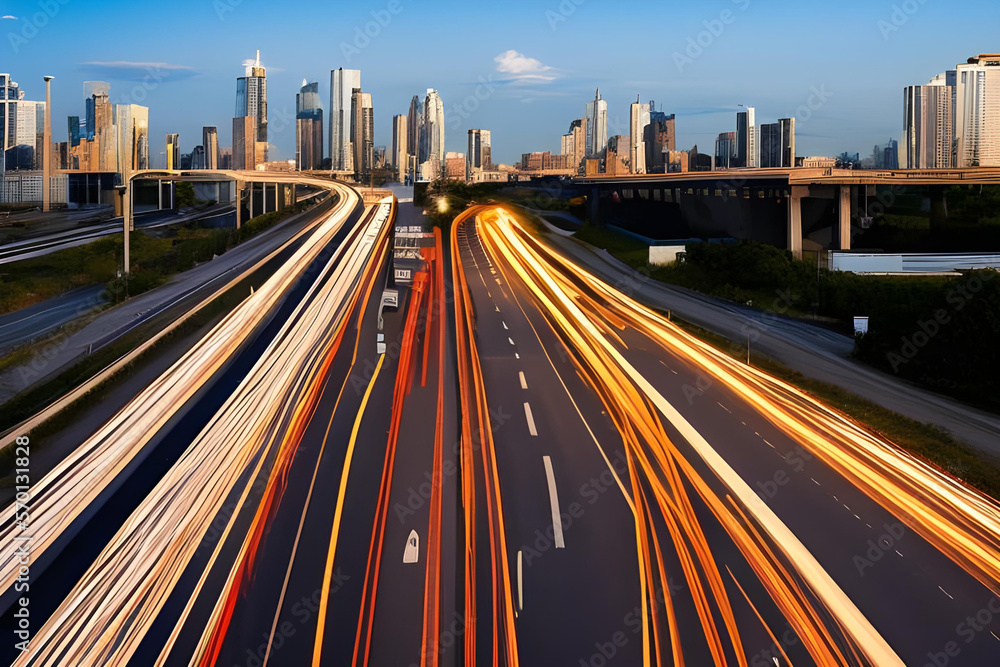 Fototapeta premium traffic at night. highway traffic. highway. highway concept. traffic light. city highway. AI generated.