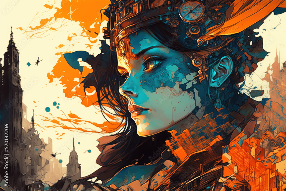 Fototapeta premium Steampunk woman queen illustration with blue face, flowing, jewel clock headdress and metal tech armor in front of tall retro buildings with swirling orange abstract sky background, ai.