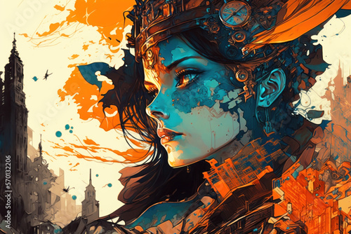 Steampunk woman queen illustration with blue face, flowing, jewel clock headdress and metal tech armor in front of tall retro buildings with swirling orange abstract sky background, ai.