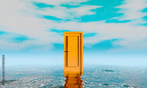Obraz na płótnie ilustración surrealista de puerta color naranja en escenario de agua