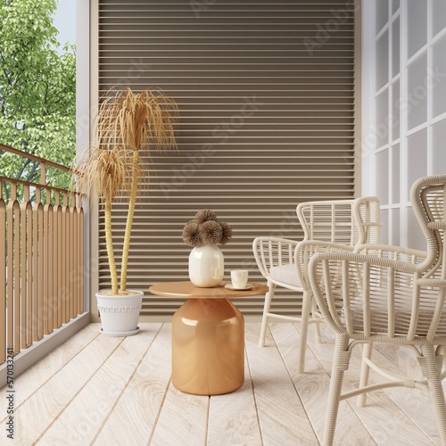 Mock up sitting on the balcony outside the room, white tones on the wooden floor.3d rendering photo