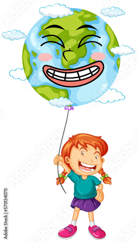 Earth day logo concept with a girl holding balloon
