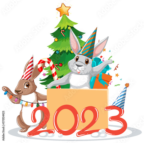 Happy New Year text with cute rabbit for banner design
