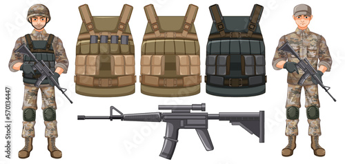 Set of soldier and bullet proof vest and gun