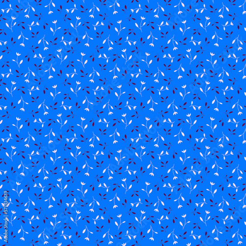 Bright floral fabric pattern with white tulips and black leaves isolated on a bright blue background