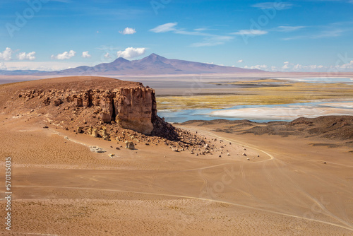 Salt lake  volcanic landscape at Sunset  Atacama  Chile border with Bolivia