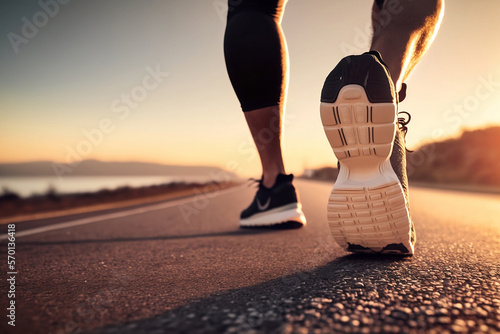 Runner man/woman feet running on road closeup on shoe. Male/female fitness athlete jogger workout in wellness concept at sunrise. Sports healthy lifestyle concept, generative ai