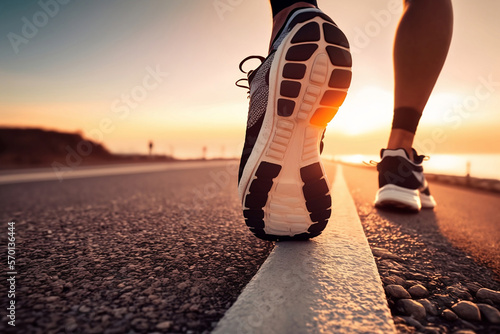 Runner man/woman feet running on road closeup on shoe. Male/female fitness athlete jogger workout in wellness concept at sunrise. Sports healthy lifestyle concept, generative ai
