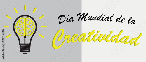 Vector de Foco encendido creativo con textura 3D, Bombilla con Cerebro dentro encendido con sombra MODELO TIPO 3D. CONCEPTO DÍA MUNDIAL DE LA CREATIVIDAD
