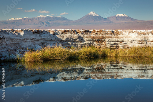 Licancabur with reflection lake and volcanic landscape at Sunset, Atacama, Chile