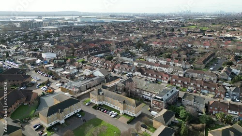 Dagenham London UK city skyline in distance Drone, Aerial, view from air, birds eye view, photo