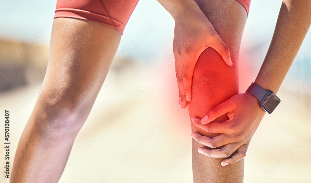 Knee pain, hands and black woman runner by the sea with fitness, training and running injury. Leg massage, hand zoom and athlete with joint, muscle and inflammation problem with blurred background Knee pain, hands and black woman runner by the sea with fitness, training and running injury. Leg massage, hand zoom and athlete with joint, muscle and inflammation problem with blurred background