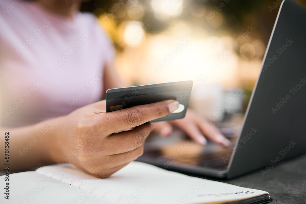 Credit card, woman hands and finance data of a female checking savings, budget and bills. Financial payment, ecommerce and computer accounting info of a young person with a notebook for planning Credit card, woman hands and finance data of a female checking savings, budget and bills. Financial payment, ecommerce and computer accounting info of a young person with a notebook for planning