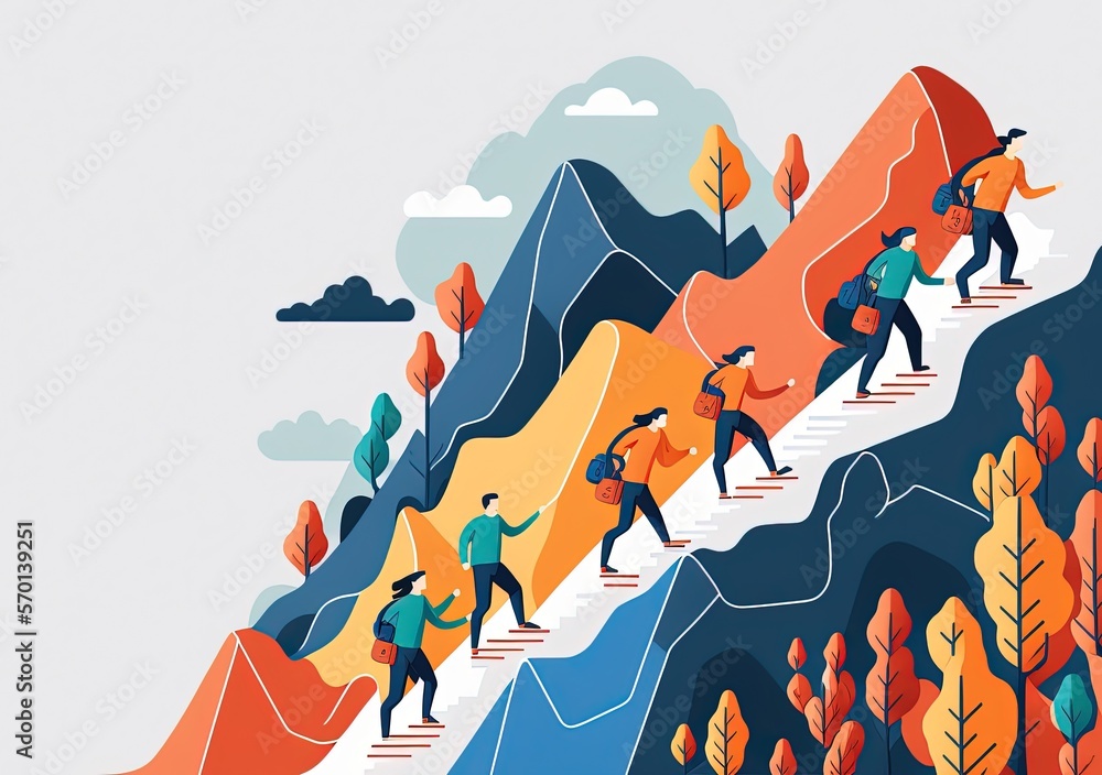 people climbing mountain, teamwork and perseverance made with generative ai, vector style, flat, illustration, cartoon, line