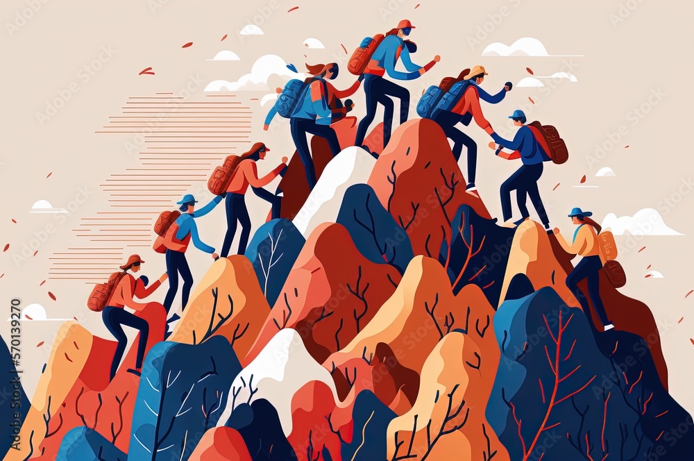 people working together to climb a mountain, symbolizing teamwork and perseverance made with generative ai, vector style, flat, illustration, cartoon, line
