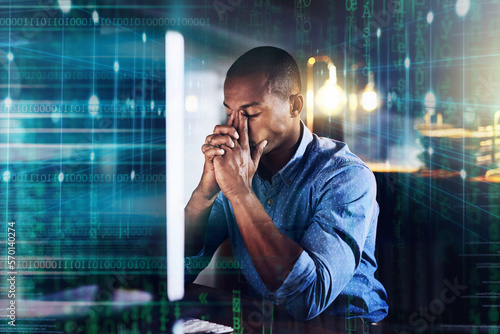 Foto Stress, headache and code overlay of a black man doing computer work for cybersecurity with stress