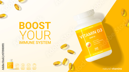 Minimalistic ad banner of vitamin d3. 3d vector illustration of dietary supplement. Top view on realistic bottle and softgels for promotion of vitamin d3. Concept of healthy immune system.