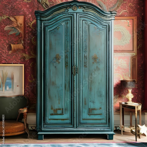 A distressed armoire in a bohemian living room3, Generative AI photo