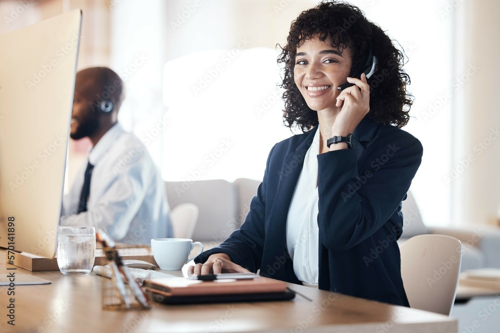 Crm, call center and black woman portrait of a lead generation worker on a office call. Customer service, web support and contact us employee with a smile from online consulting job and career Crm, call center and black woman portrait of a lead generation worker on a office call. Customer service, web support and contact us employee with a smile from online consulting job and career