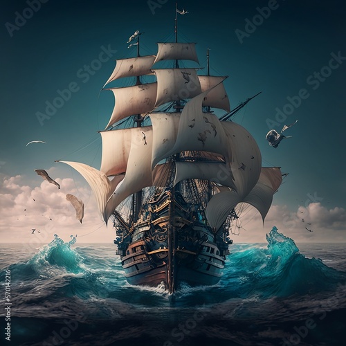 Fotografiet Pirates Ship In The Ocean