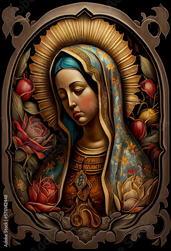 Beautiful lady of guadalupe mexico saint holy faith, illustration vintage silkscreen style poster. Generative AI