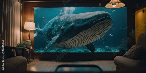 whale in the living room aquarium, illusion, fantasy, baleia na sala, ilusão, fantasia, generative by AI photo