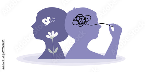Silhouette of a child girl and a boy in mental health children awareness concept, flat vector illustration.