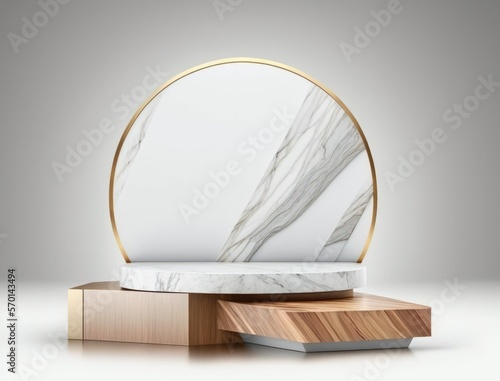 Marble podium and wood on white backdrop for montage product display. illustration Generative AI