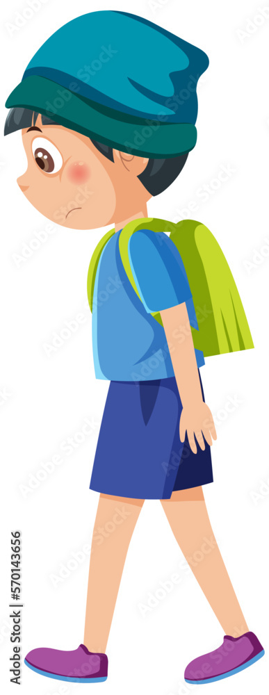 Side view of boy walking with scowl face expression Side view of boy walking with scowl face expression