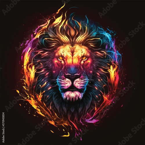 Lion face watercolor colorful vector illustration  Artistic  neon color  abstract portrait of a lion face on a dark blue background with watercolor.