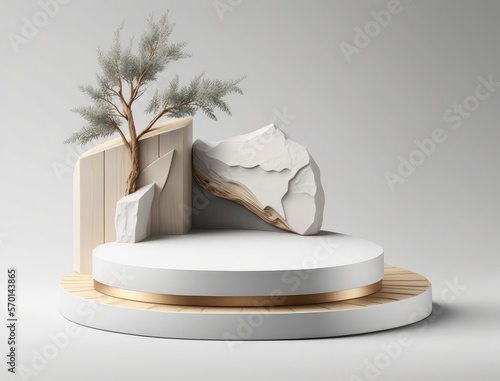 white podium golden border decoration with rocks and small plants. illustration Generative AI