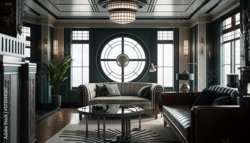Cozy Beautiful Art deco-inspired lounge Interior Design for Your Home: Bold, Colorful, and Unique Style for Room Renovations, Furniture, and Architecture (generative AI)