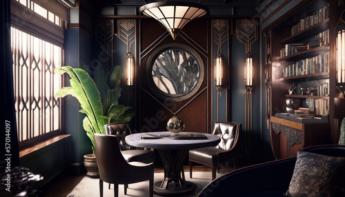 Cozy Beautiful Art deco-style study room Interior Design for Your Home: Bold, Colorful, and Unique Style for Room Renovations, Furniture, and Architecture (generative AI)
