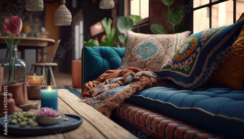 Cozy Beautiful Boho chic with colorful textiles Interior Design for Your Home: Bold, Colorful, and Unique Style for Room Renovations, Furniture, and Architecture (generative AI)